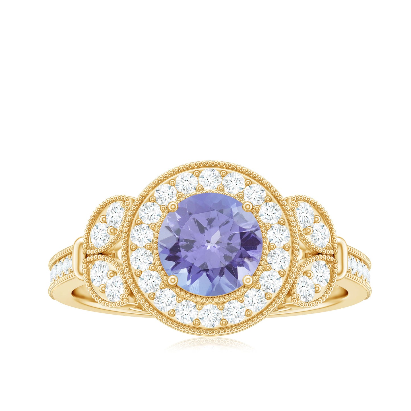 Real Tanzanite Retro Engagement Ring with Diamond Halo
