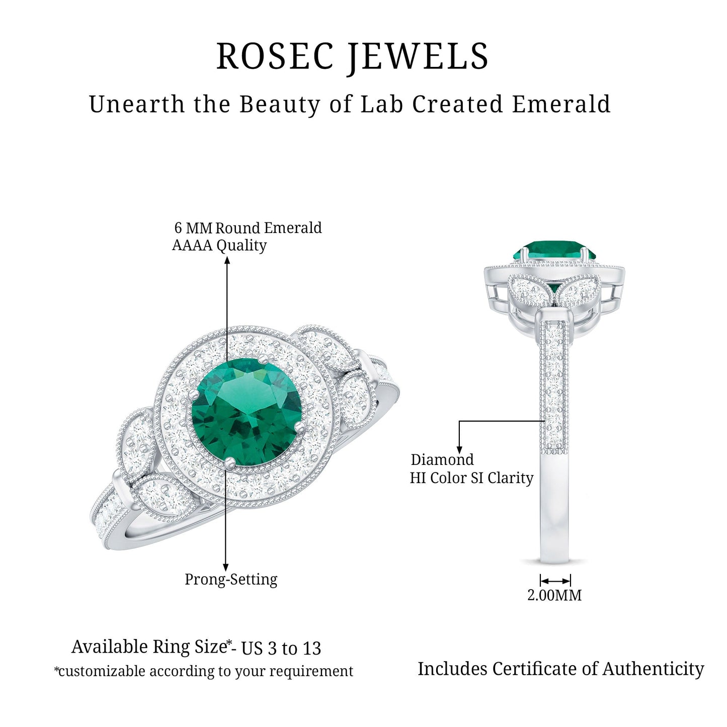 Certified Lab Grown Emerald Retro Engagement Ring with Diamond