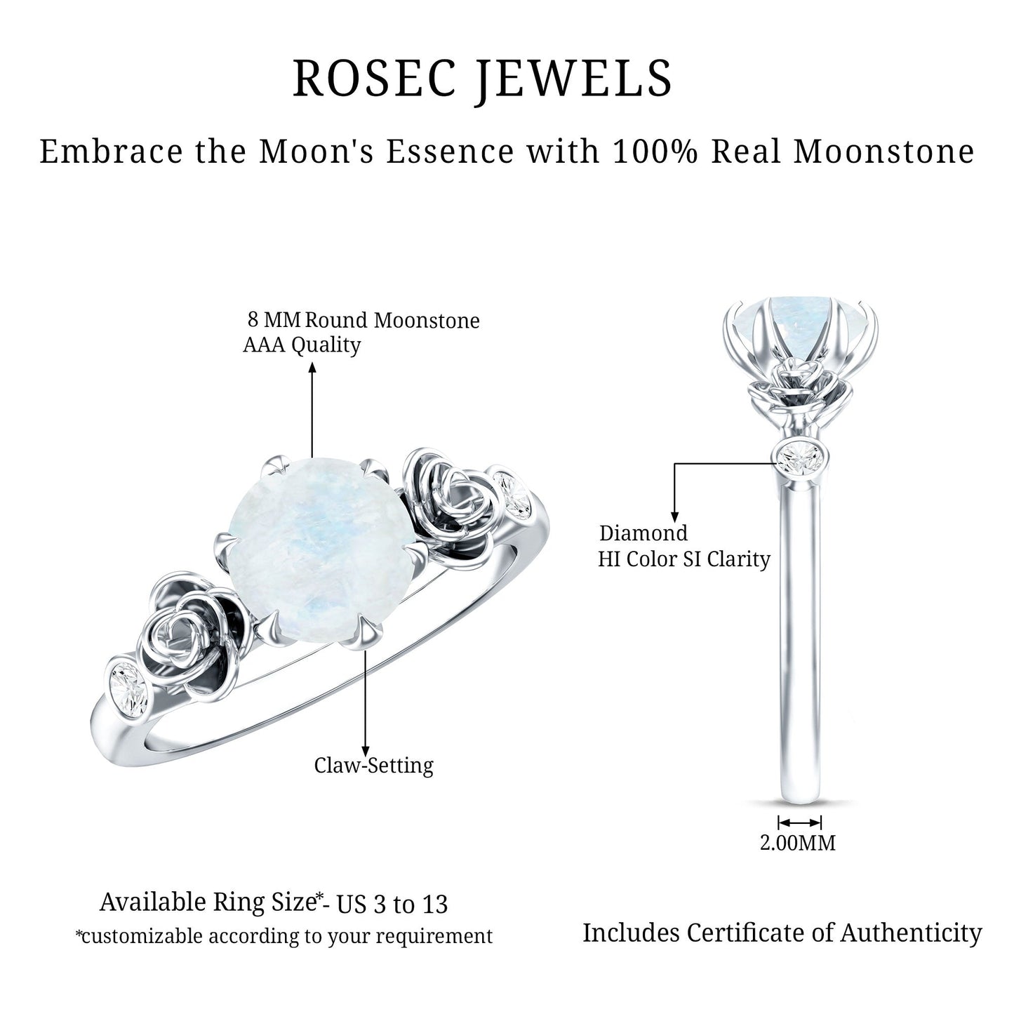 Claw Set Solitaire Moonstone Flower Ring with Diamond