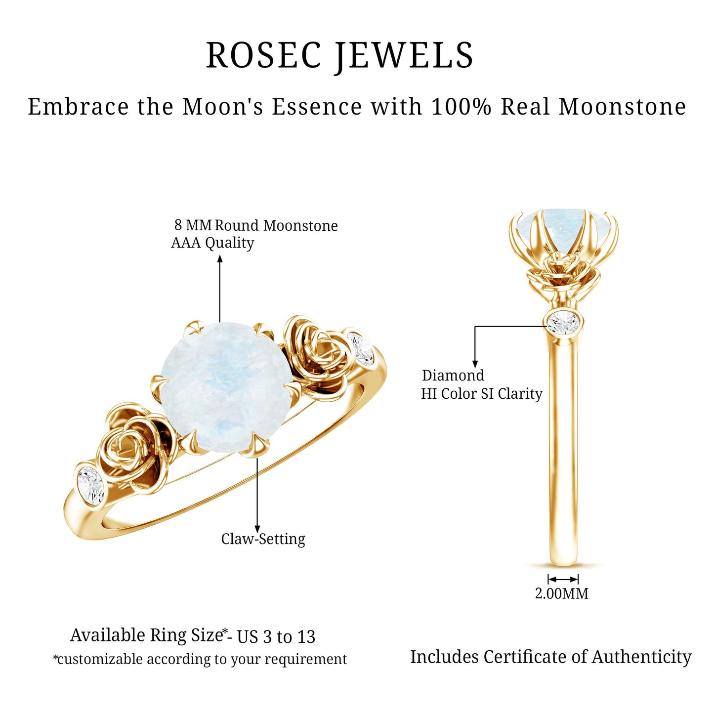 Claw Set Solitaire Moonstone Flower Ring with Diamond