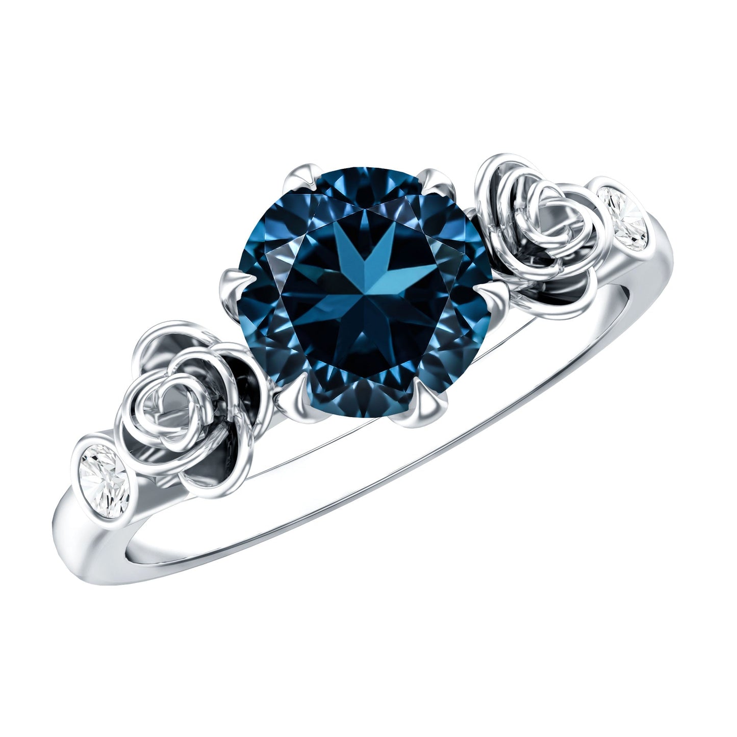 Round London Blue Topaz Rose Engagement Ring with Diamond
