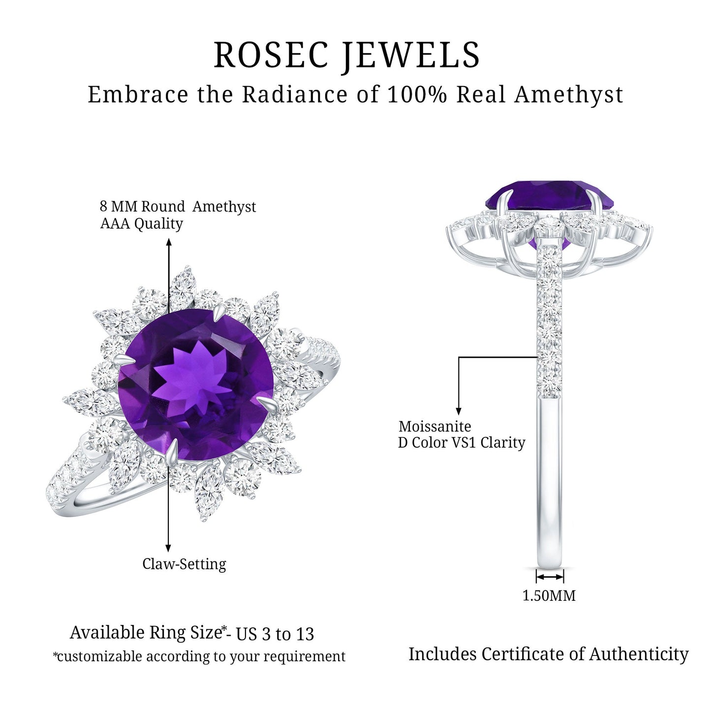 Natural 2 Carat Amethyst Statement Engagement Ring with Moissanite Halo