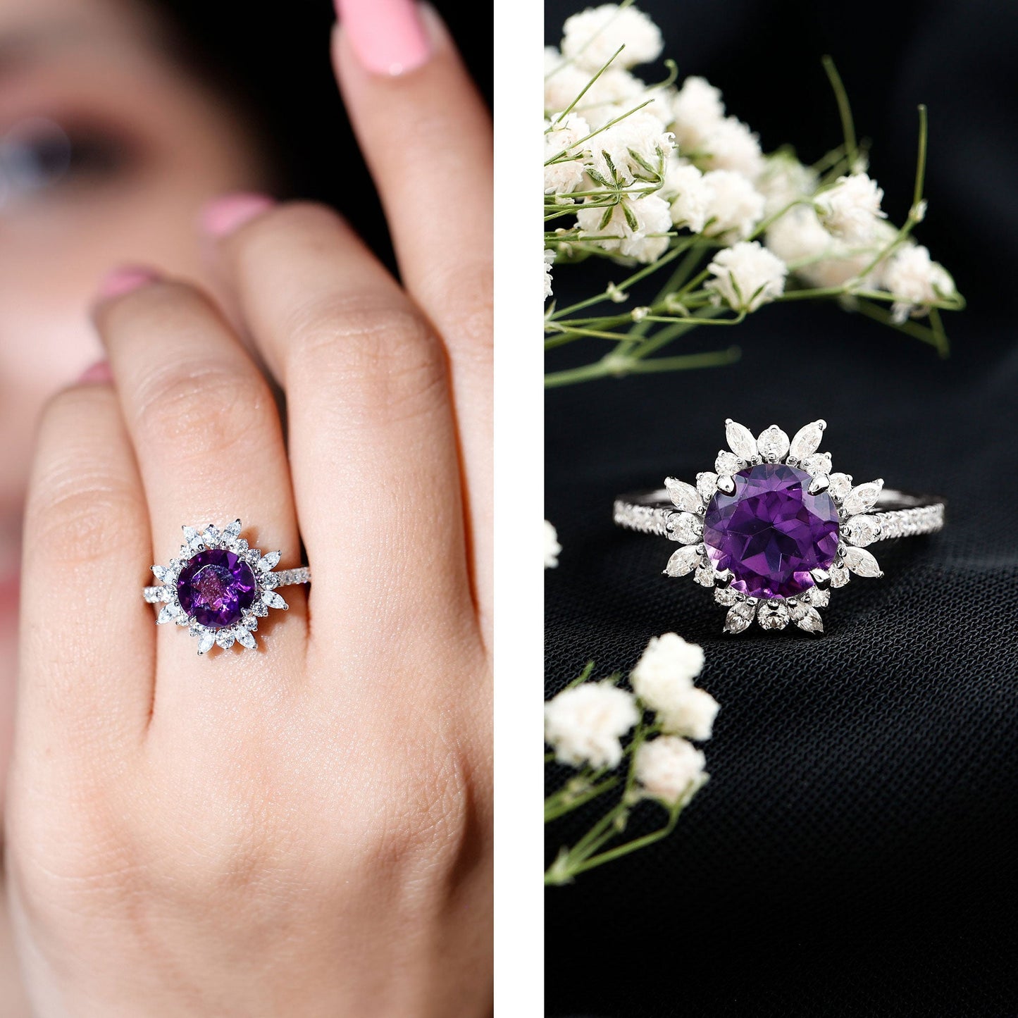 Natural 2 Carat Amethyst Statement Engagement Ring with Moissanite Halo