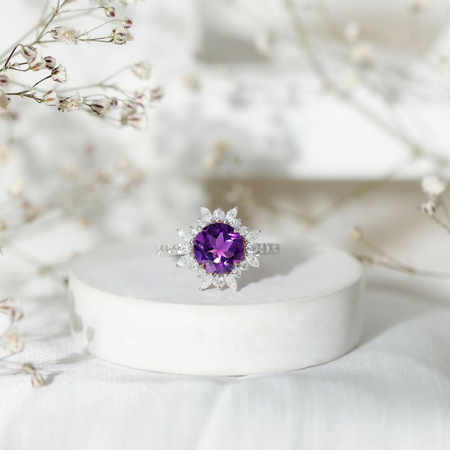 Natural 2 Carat Amethyst Statement Engagement Ring with Moissanite Halo