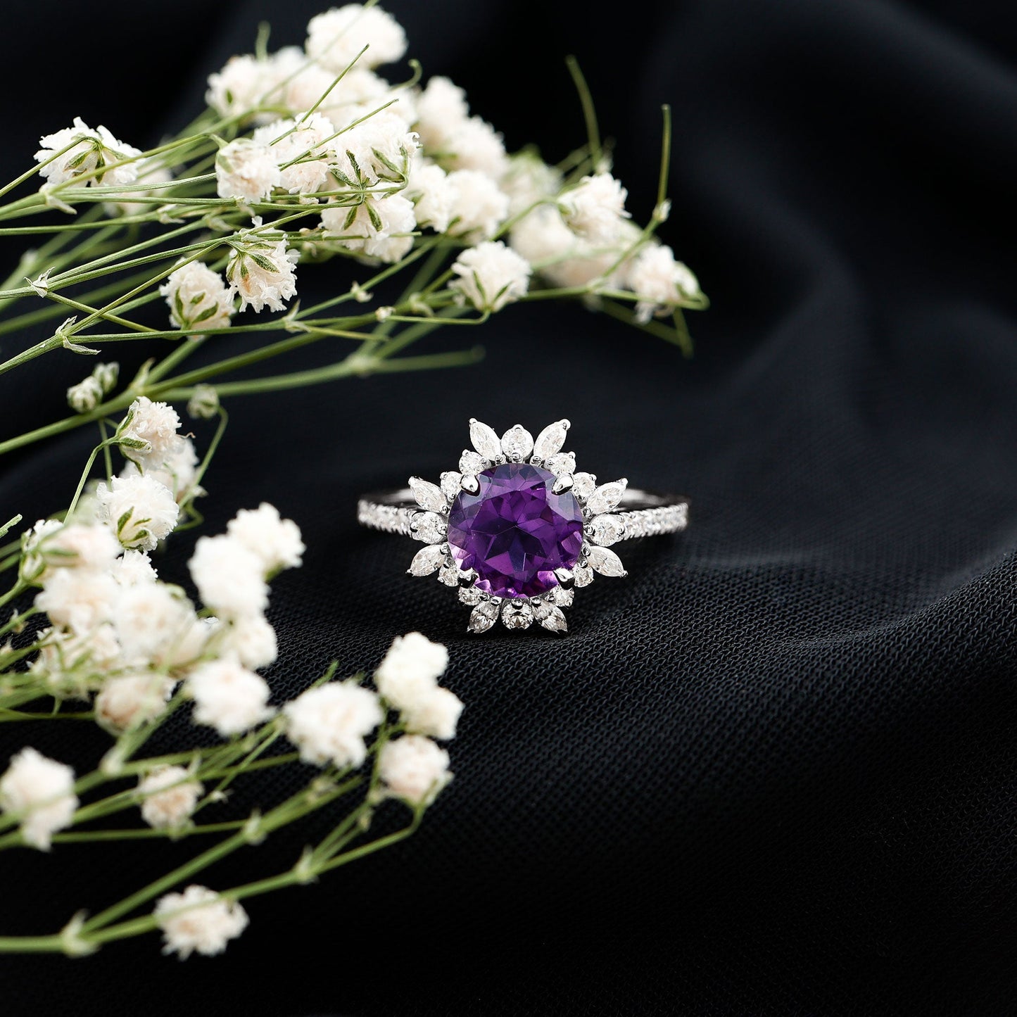 Natural 2 Carat Amethyst Statement Engagement Ring with Moissanite Halo