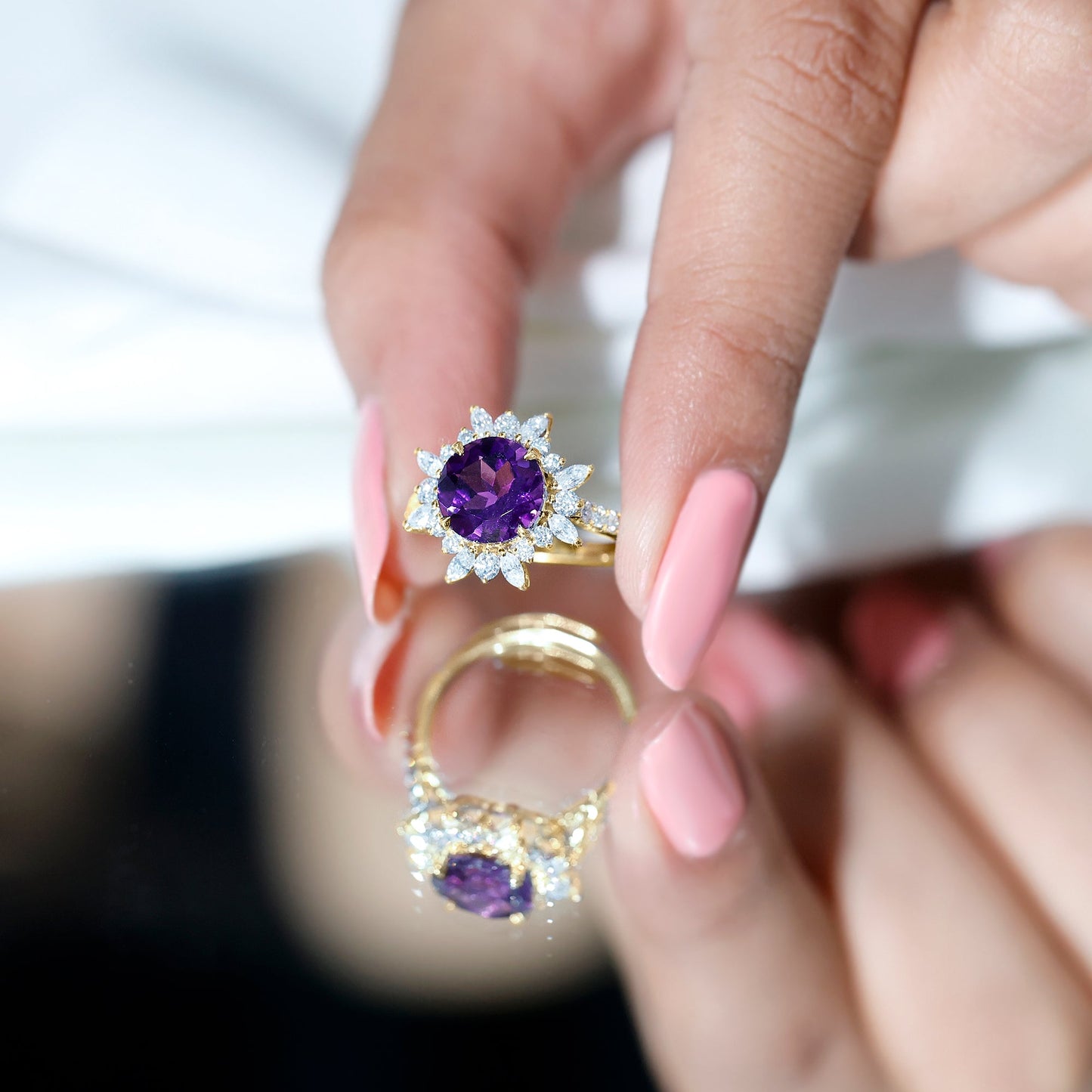 Natural 2 Carat Amethyst Statement Engagement Ring with Moissanite Halo