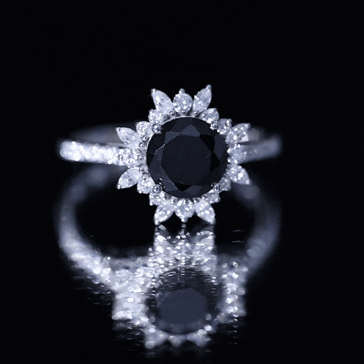 Real Black Spinel Engagement Ring with Moissanite Halo