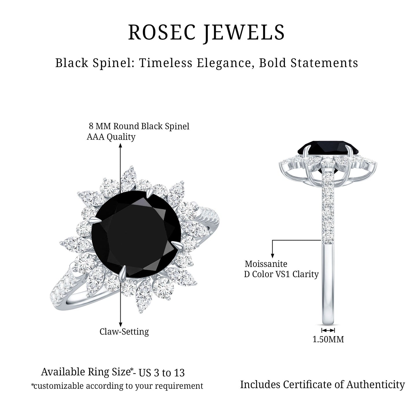 Real Black Spinel Engagement Ring with Moissanite Halo