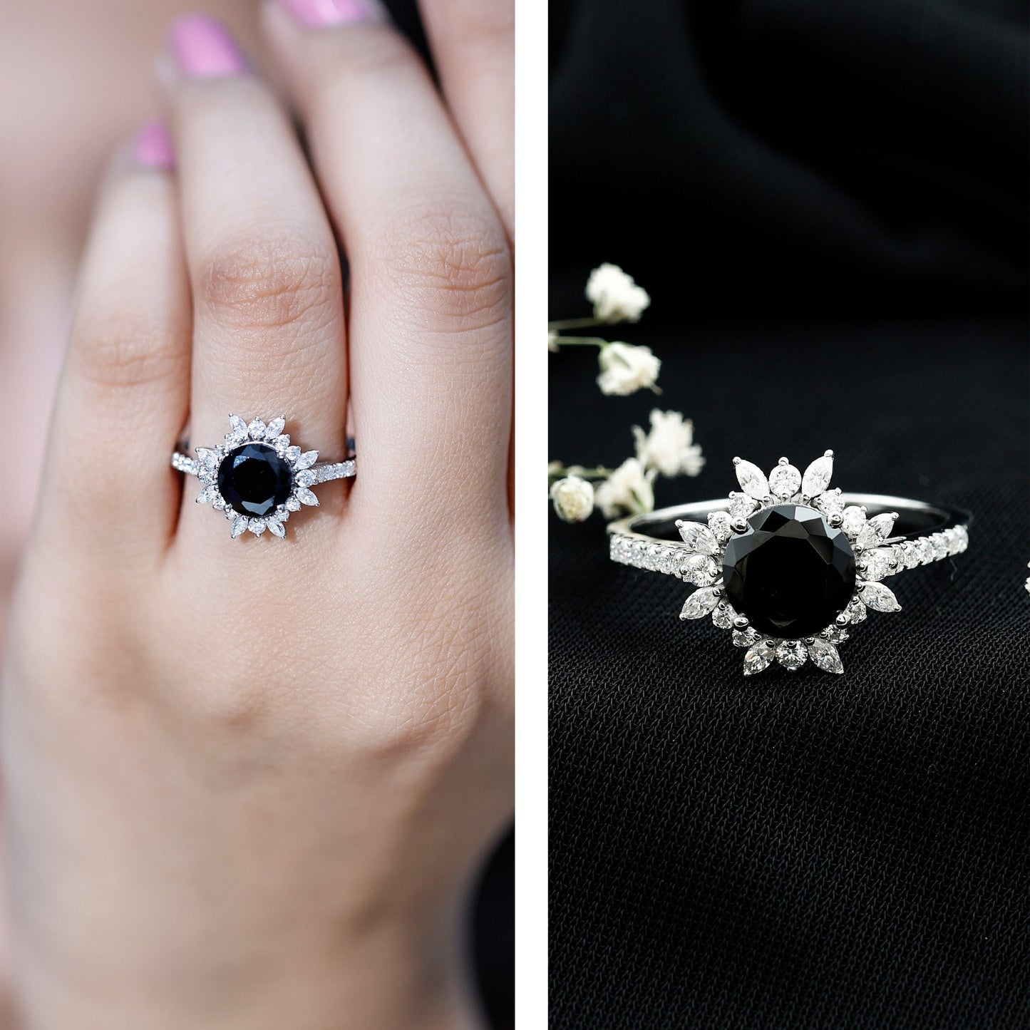 Real Black Spinel Engagement Ring with Moissanite Halo