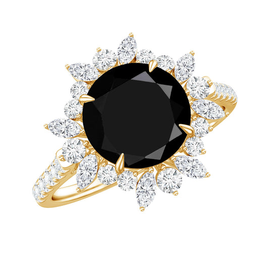 Real Black Spinel Engagement Ring with Moissanite Halo