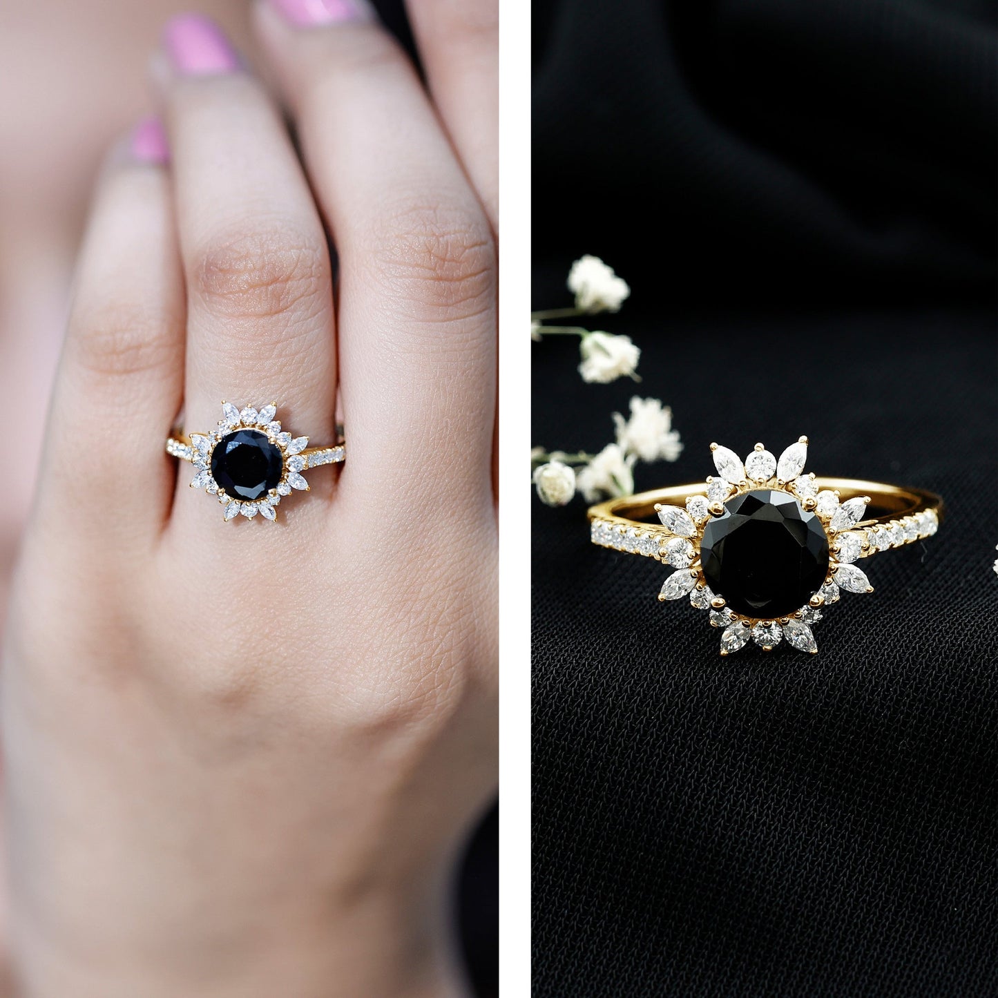 Real Black Spinel Engagement Ring with Moissanite Halo