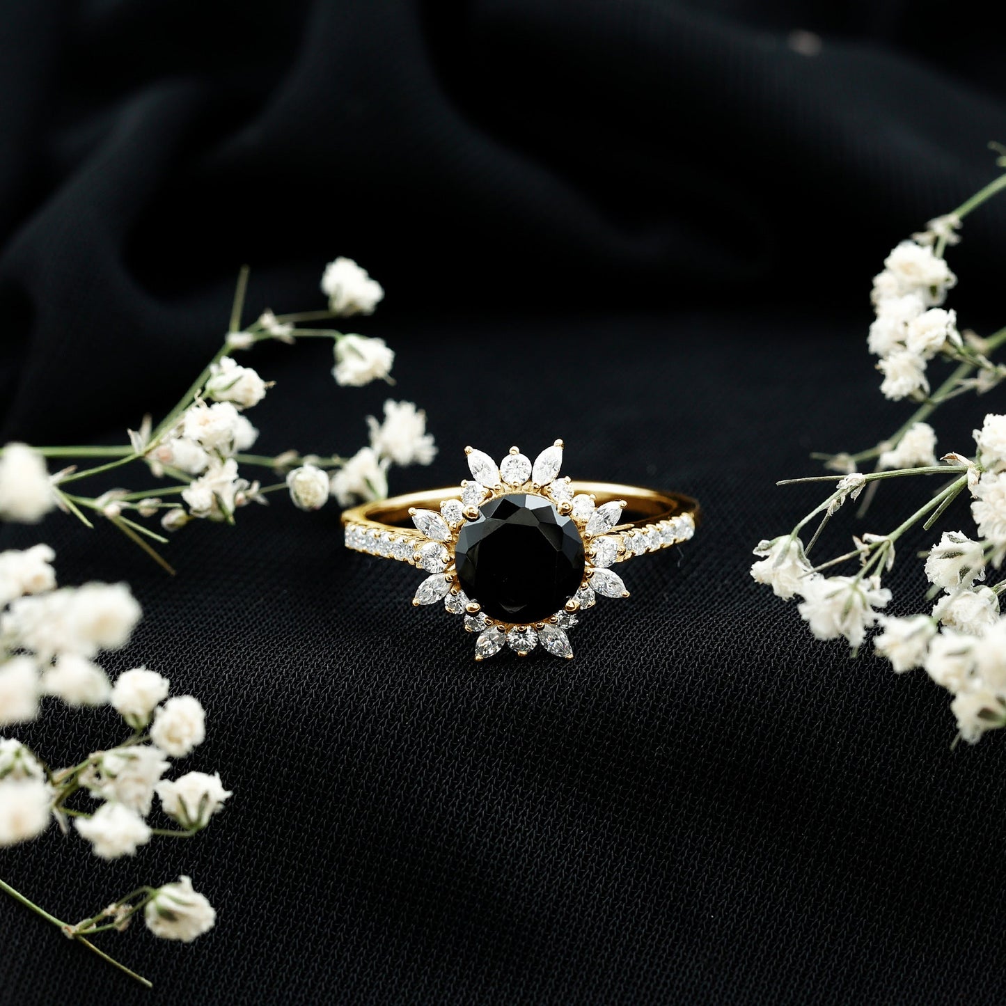 Real Black Spinel Engagement Ring with Moissanite Halo
