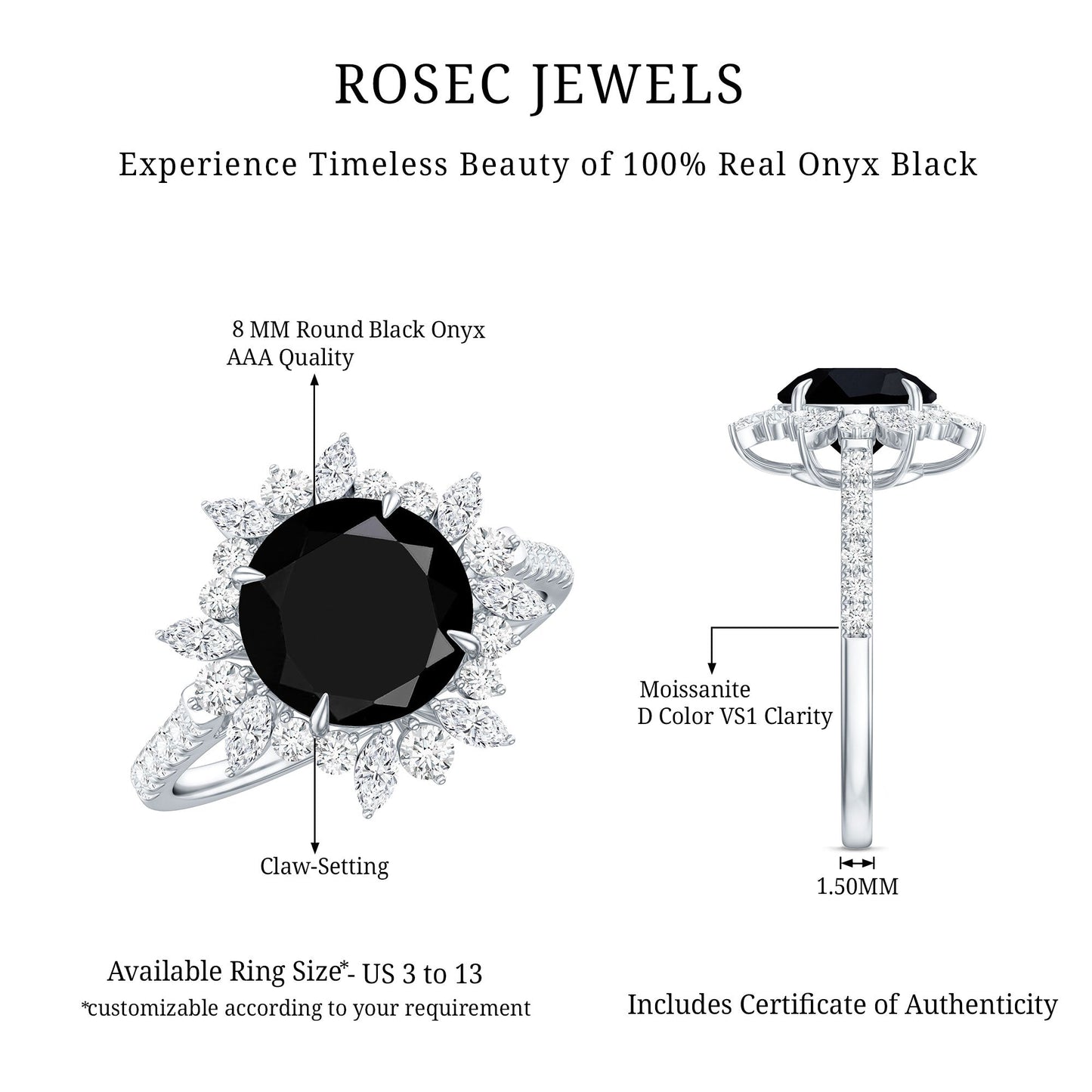 Certified Black Onyx and Moissanite Statement Engagement Ring