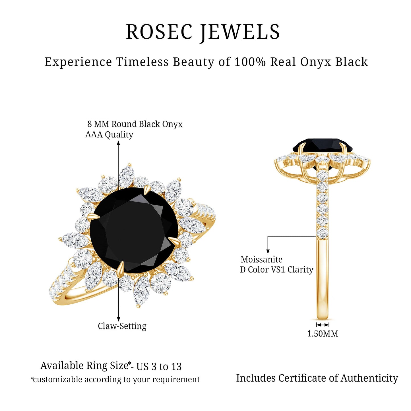 Certified Black Onyx and Moissanite Statement Engagement Ring
