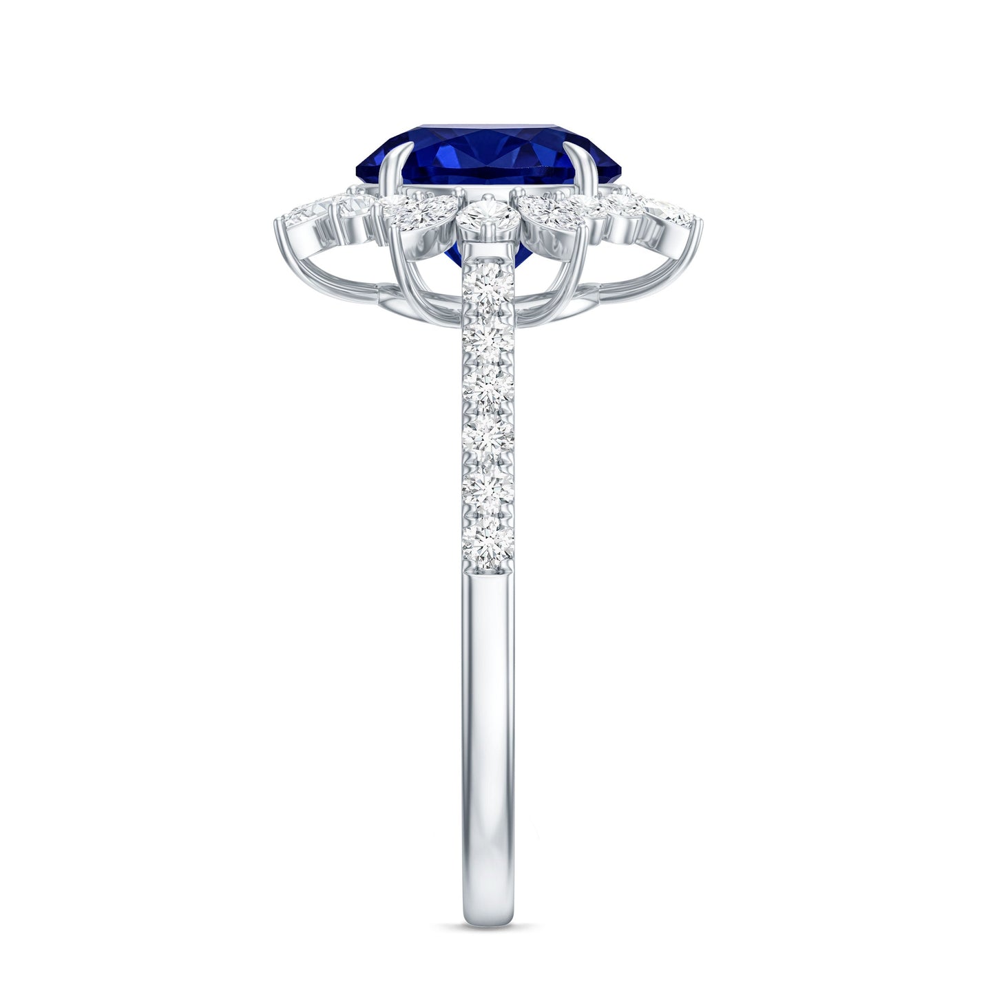 Certified 2.7 Carat Lab Grown Blue Sapphire Engagement Ring with Diamond Halo