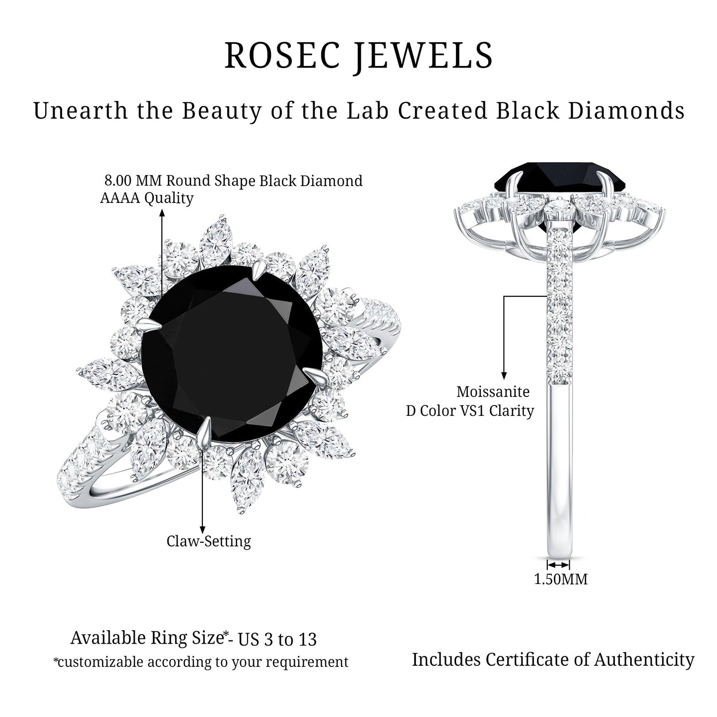 Certified 2 Carat Lab Grown Black Diamond Halo Engagement Ring For Women