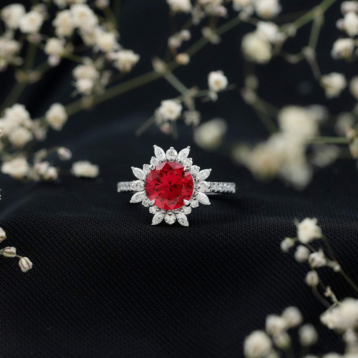 Lab Created Ruby and Diamond Halo Engagement Ring