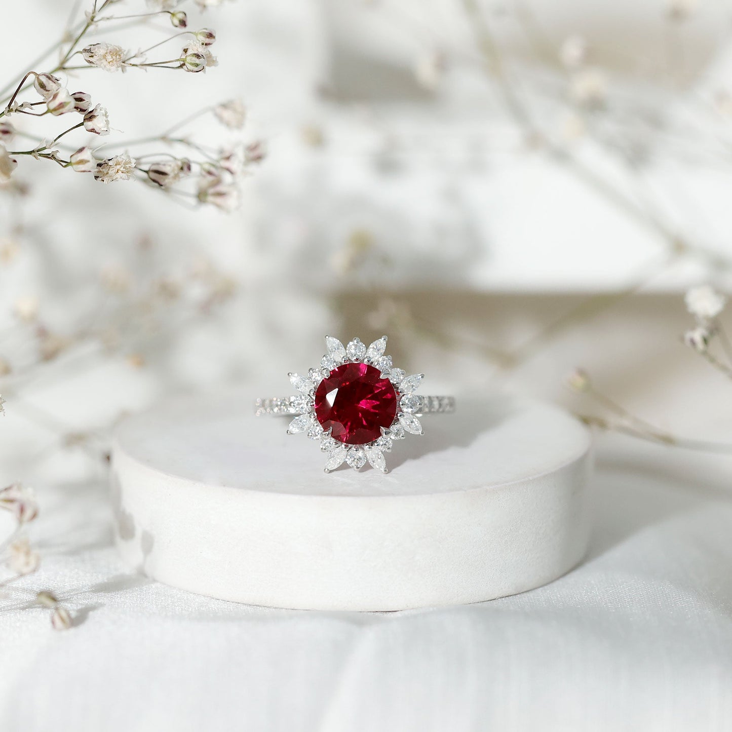 Lab Created Ruby and Diamond Halo Engagement Ring
