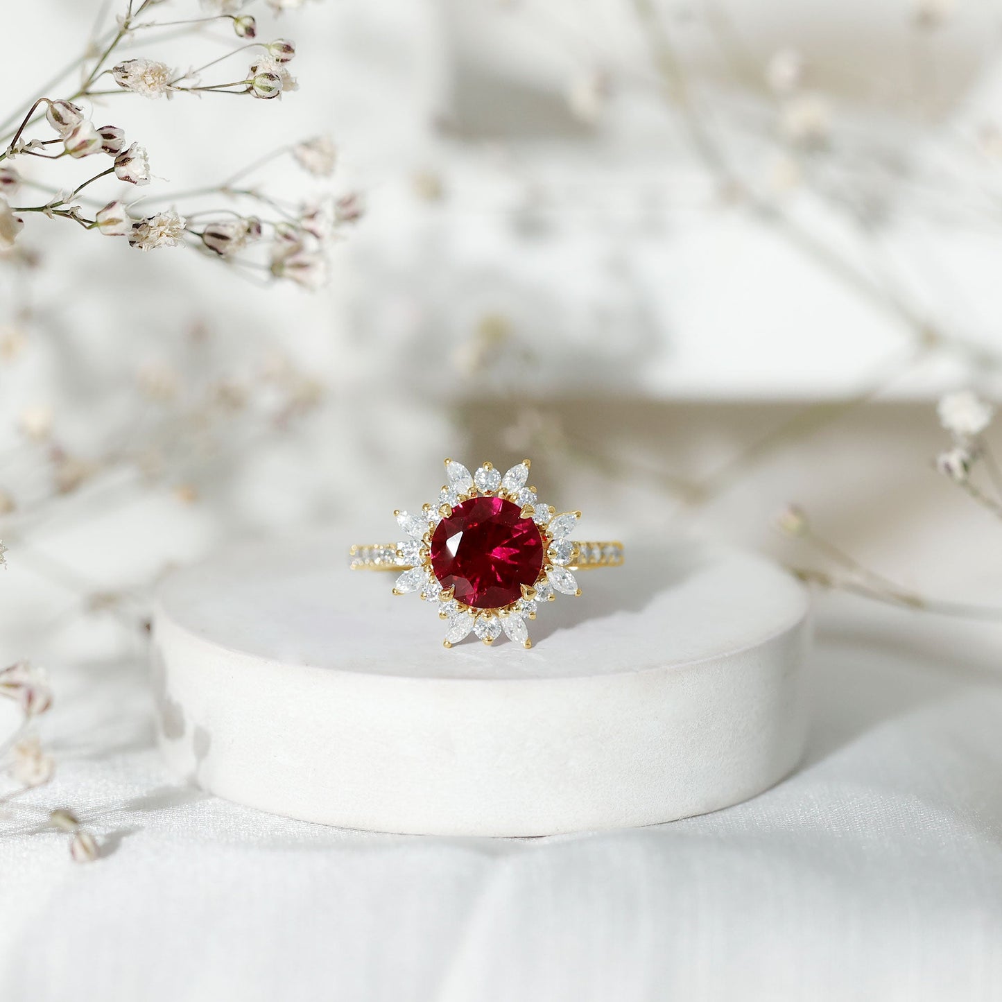 Lab Created Ruby and Diamond Halo Engagement Ring