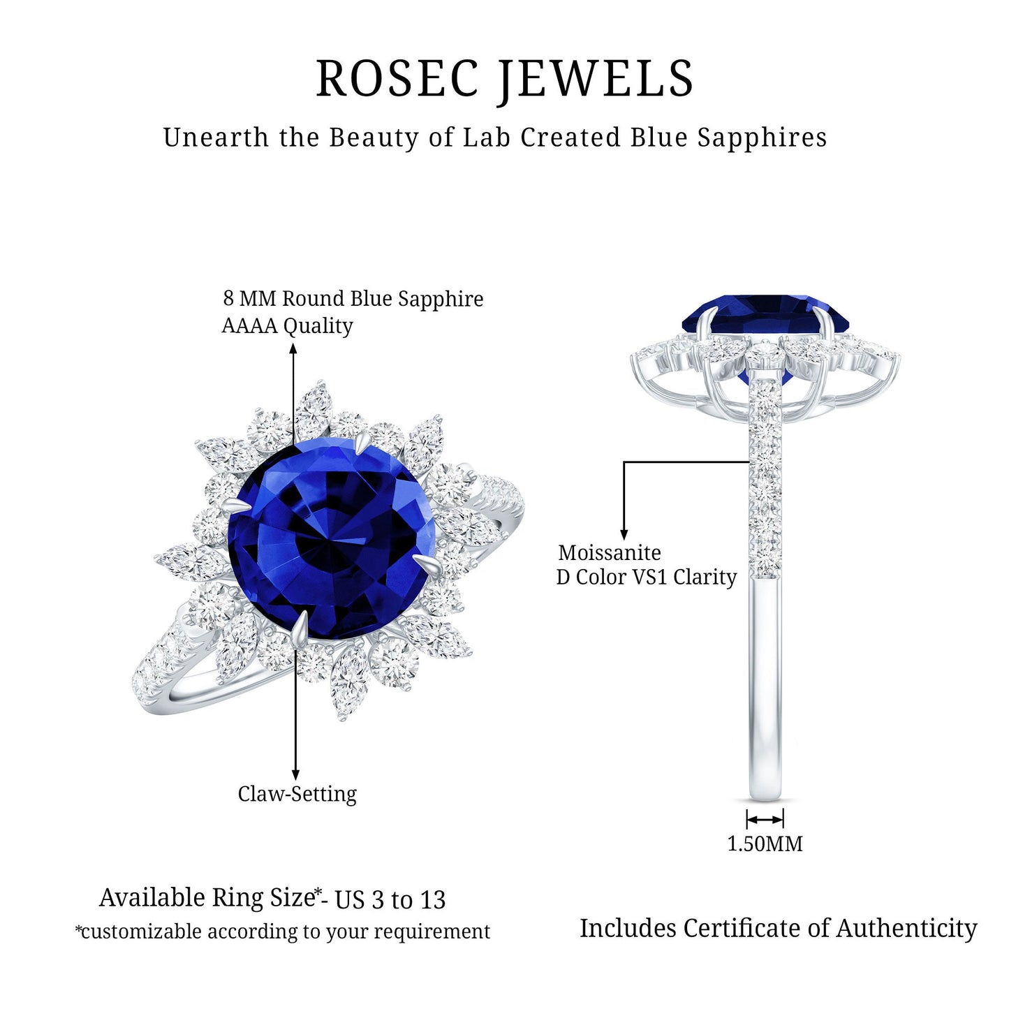Lab Grown Blue Sapphire And Moissanite Floral Inspired Ring