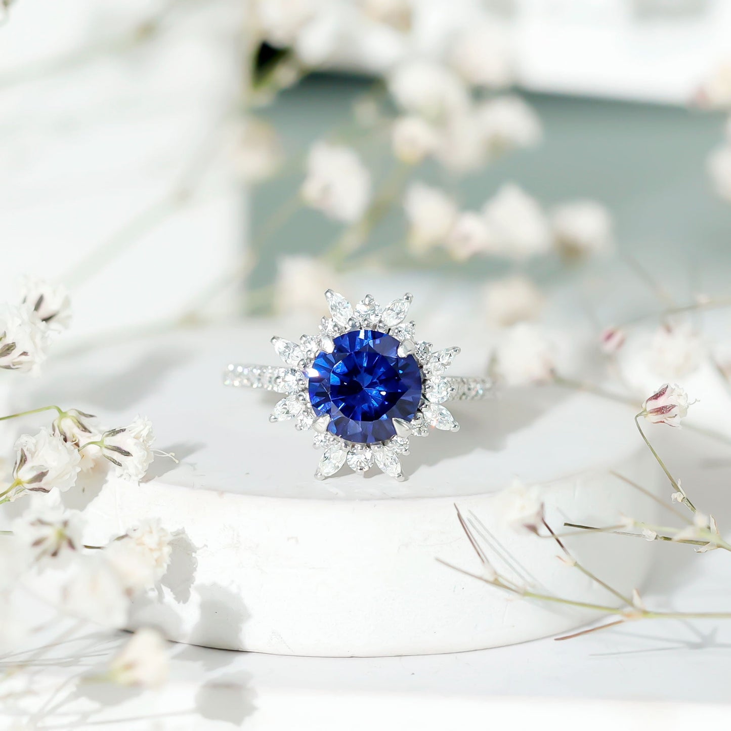 Lab Grown Blue Sapphire And Moissanite Floral Inspired Ring