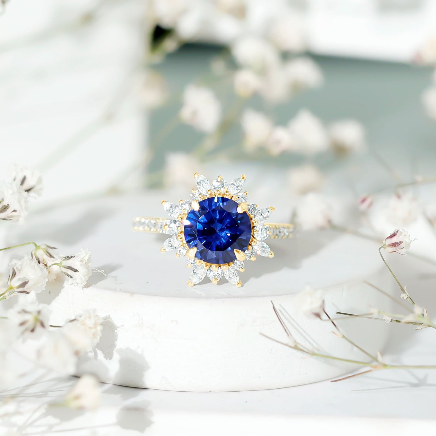 Lab Grown Blue Sapphire And Moissanite Floral Inspired Ring