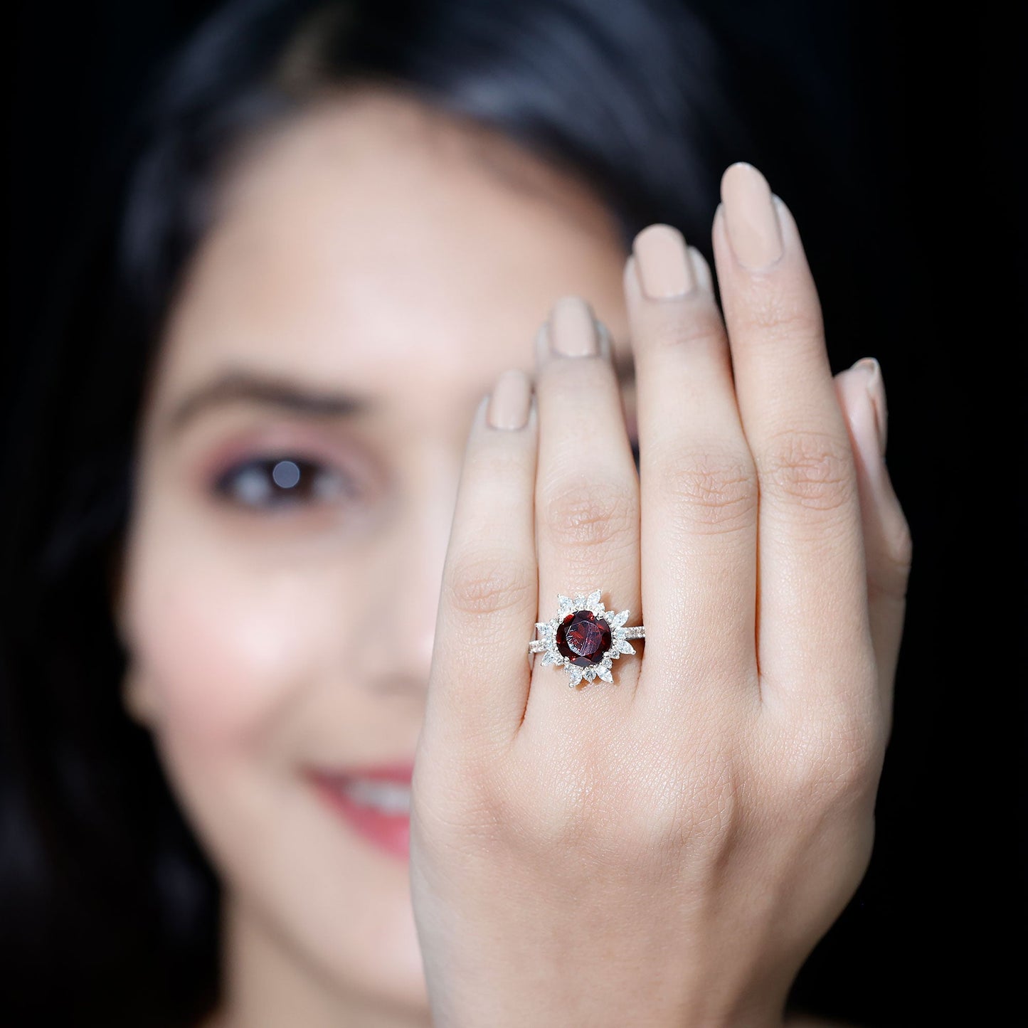 Real 2.3 Carat Garnet Statement Engagement Ring with Diamond Halo