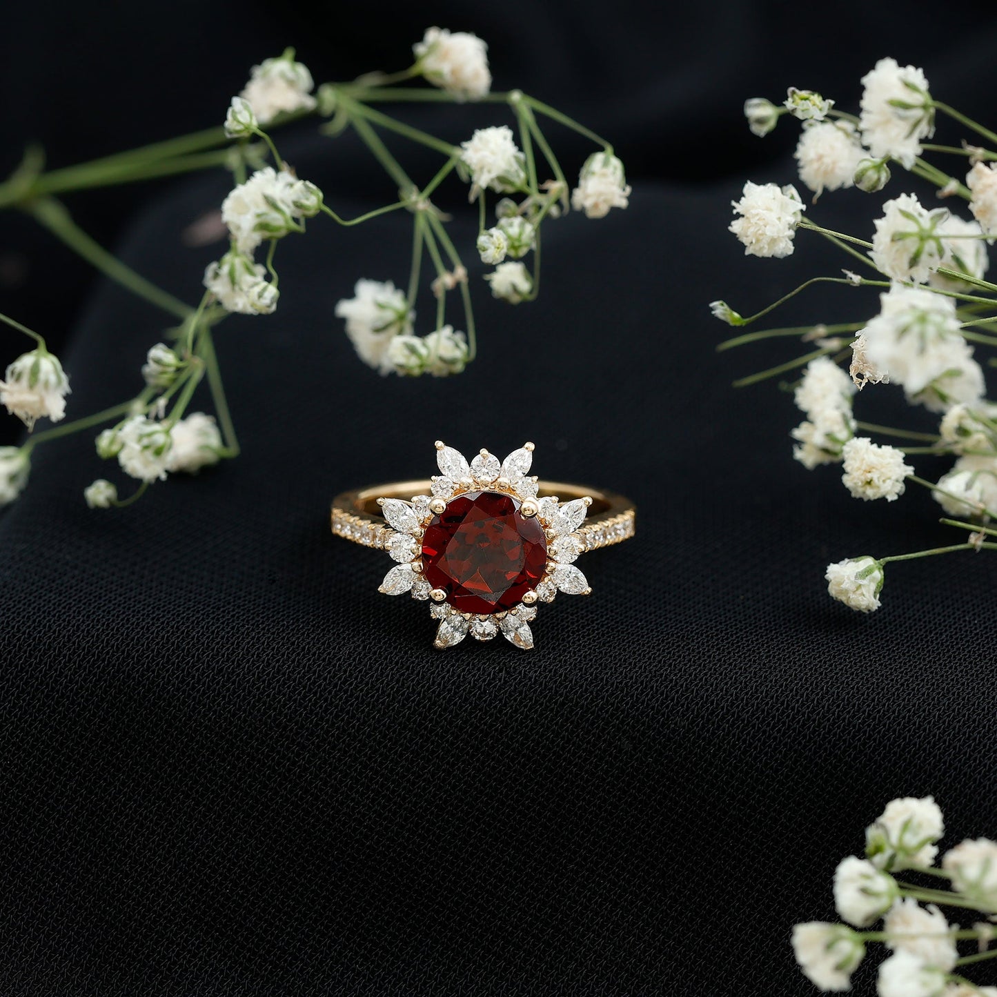 Real 2.3 Carat Garnet Statement Engagement Ring with Diamond Halo