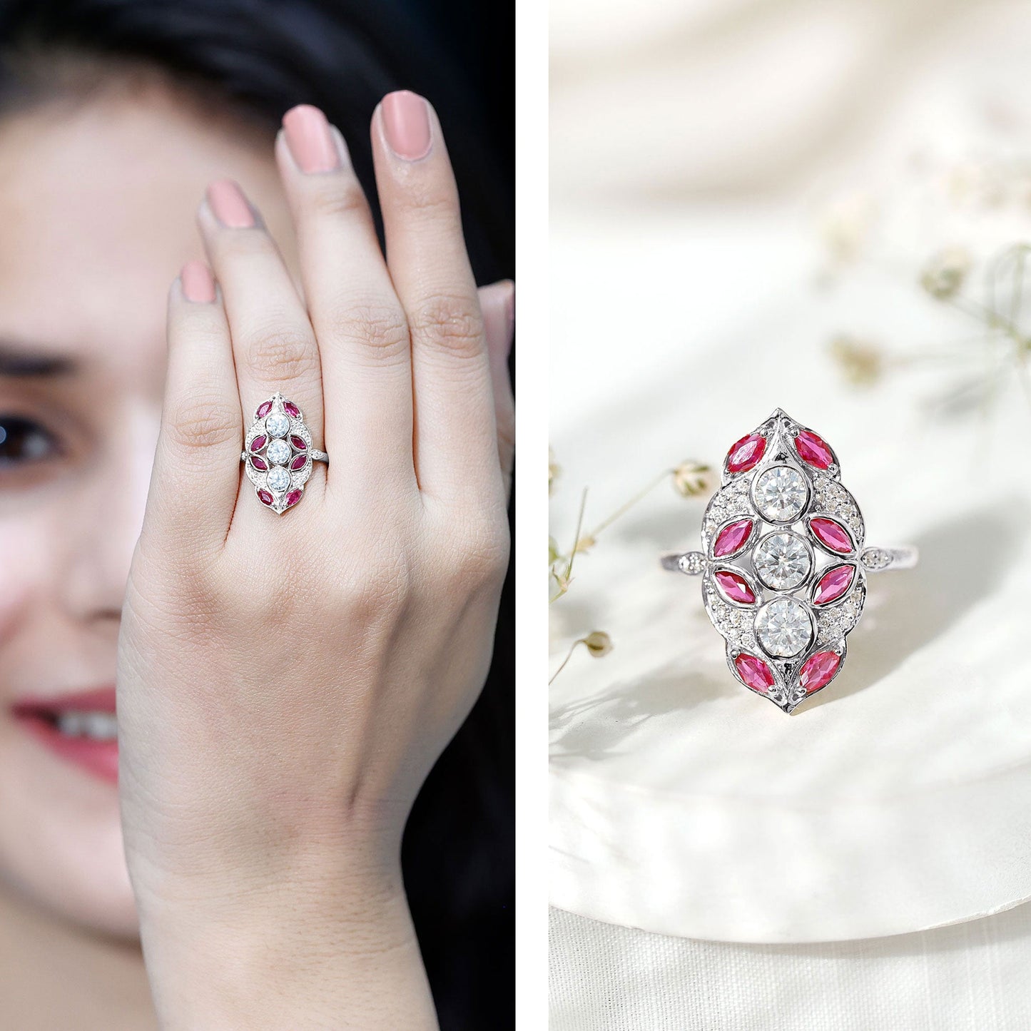 Certified Lab Grown Ruby Art Deco Statement Ring with Moissanite