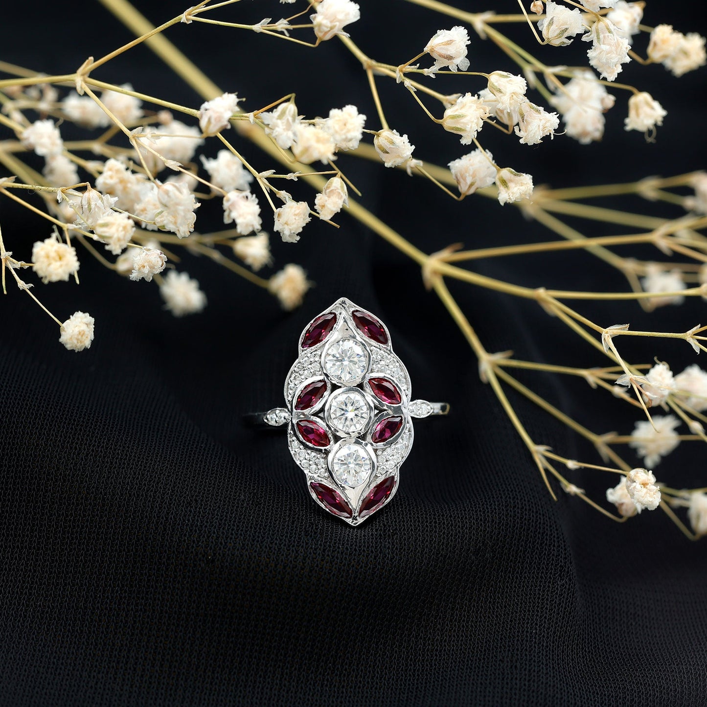 Certified Lab Grown Ruby Art Deco Statement Ring with Moissanite