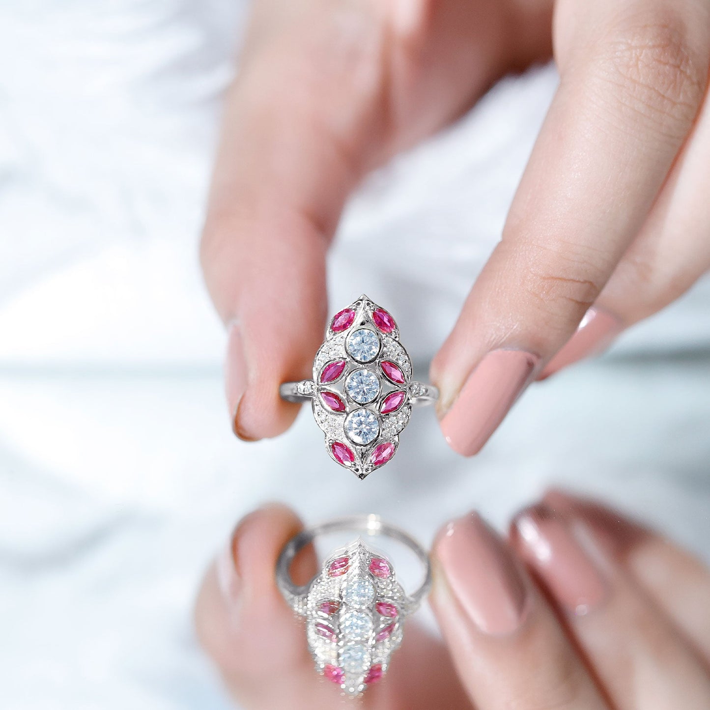 Certified Lab Grown Ruby Art Deco Statement Ring with Moissanite