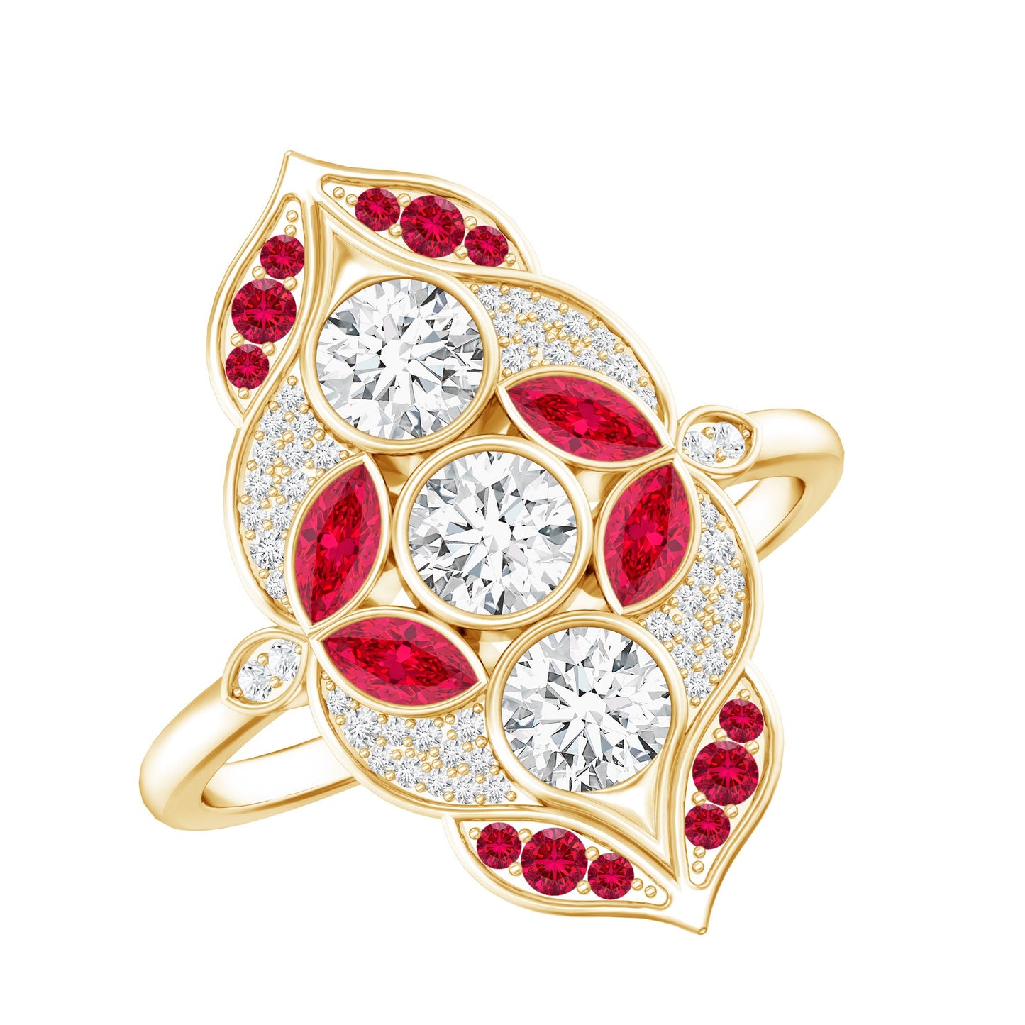 Certified Lab Grown Ruby Art Deco Statement Ring with Moissanite