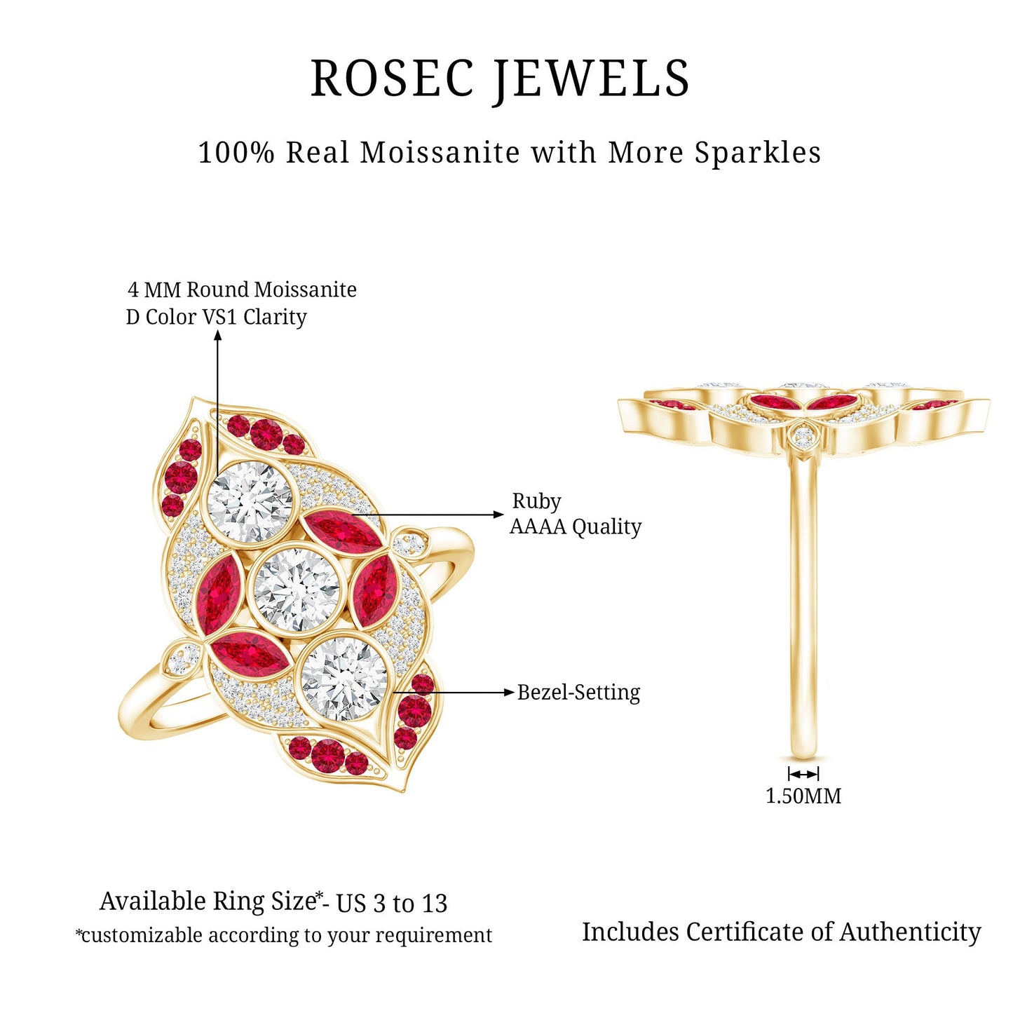 Certified Lab Grown Ruby Art Deco Statement Ring with Moissanite