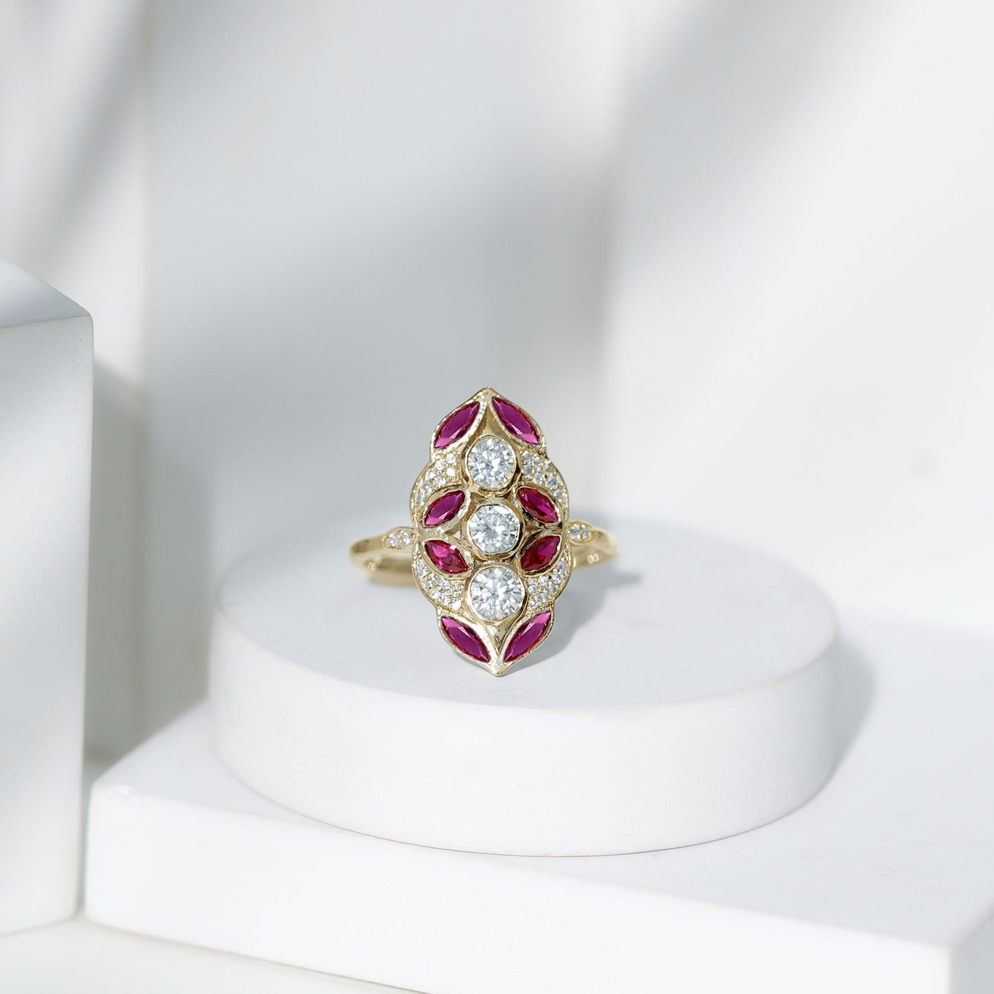Certified Lab Grown Ruby Art Deco Statement Ring with Moissanite