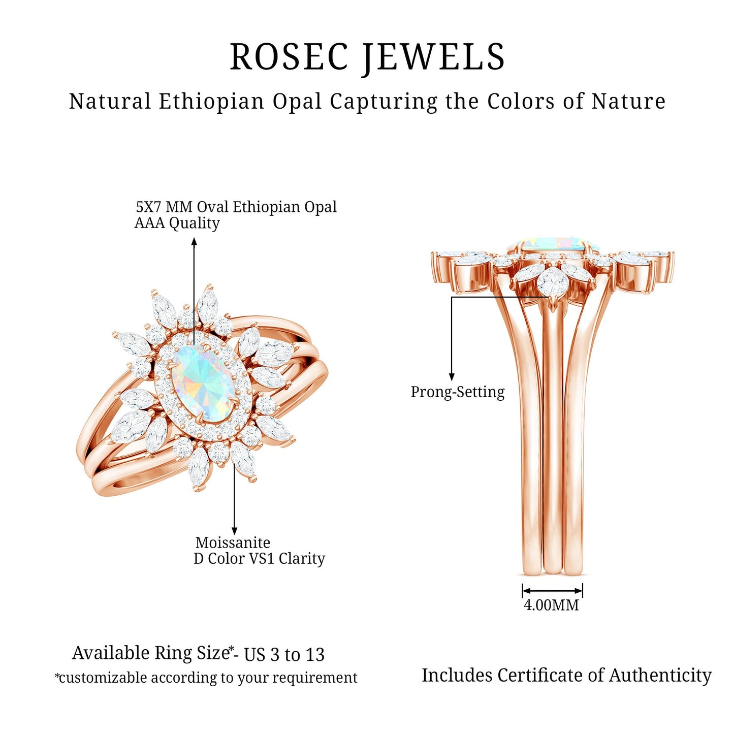 0.9 Carat Natural Certified Ethiopian Opal Engagement Ring Set of 3