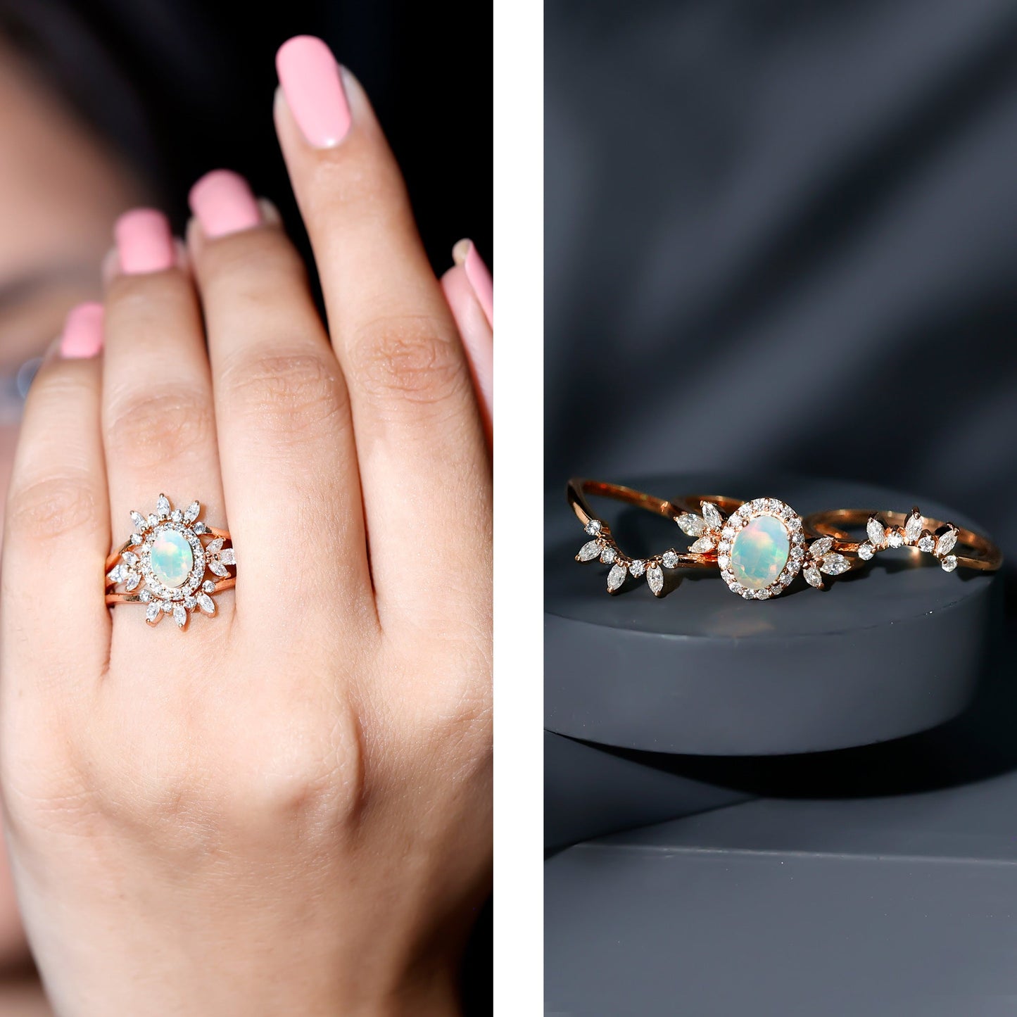 0.9 Carat Natural Certified Ethiopian Opal Engagement Ring Set of 3