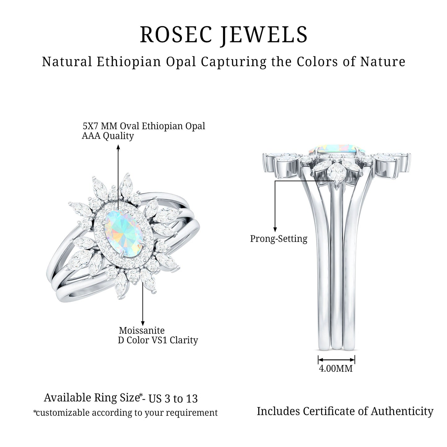 0.9 Carat Natural Certified Ethiopian Opal Engagement Ring Set of 3