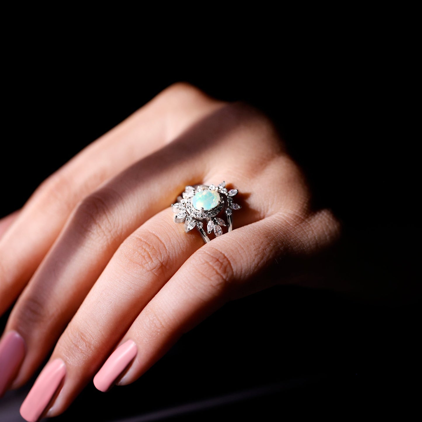 0.9 Carat Natural Certified Ethiopian Opal Engagement Ring Set of 3