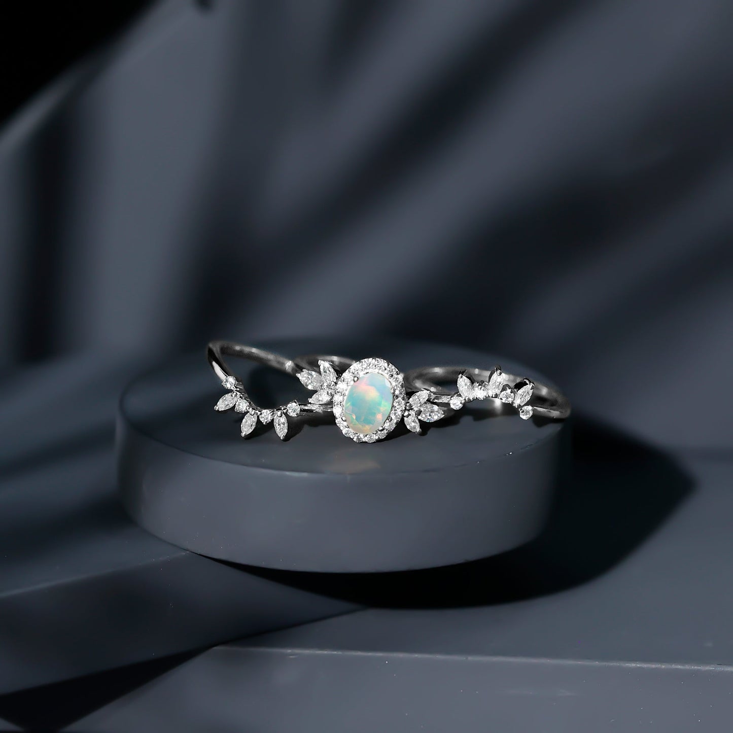 0.9 Carat Natural Certified Ethiopian Opal Engagement Ring Set of 3