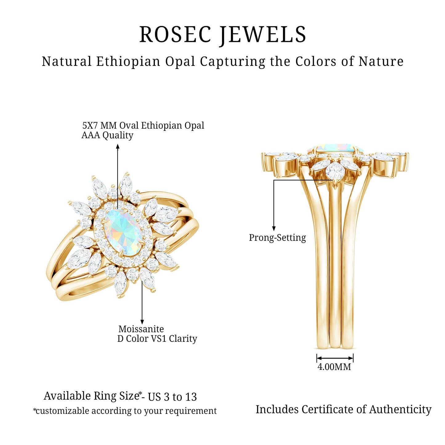 0.9 Carat Natural Certified Ethiopian Opal Engagement Ring Set of 3