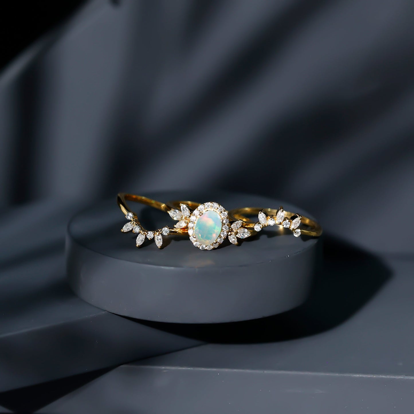 0.9 Carat Natural Certified Ethiopian Opal Engagement Ring Set of 3