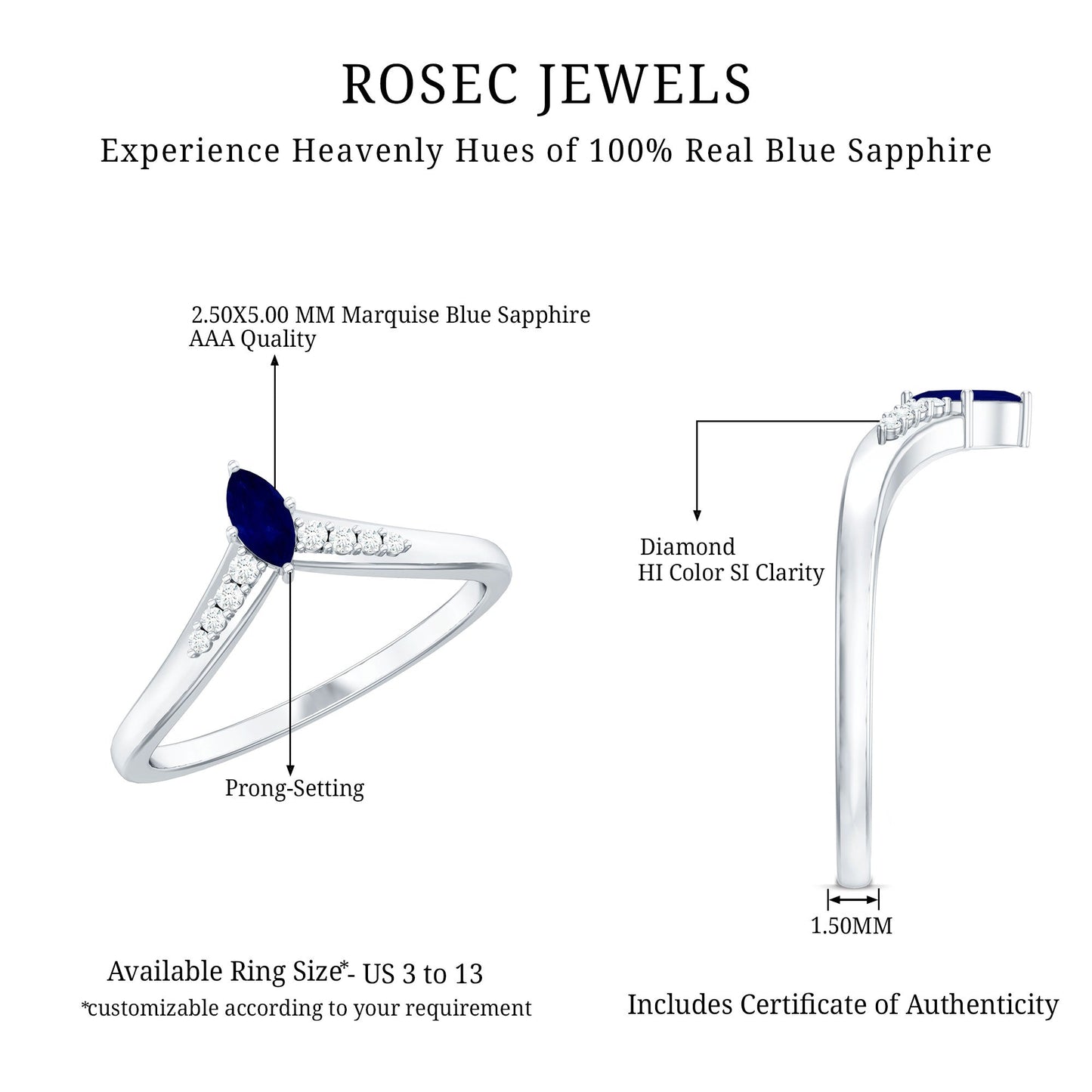 Natural Marquise Blue Sapphire Chevron Enhancer Ring with Diamond