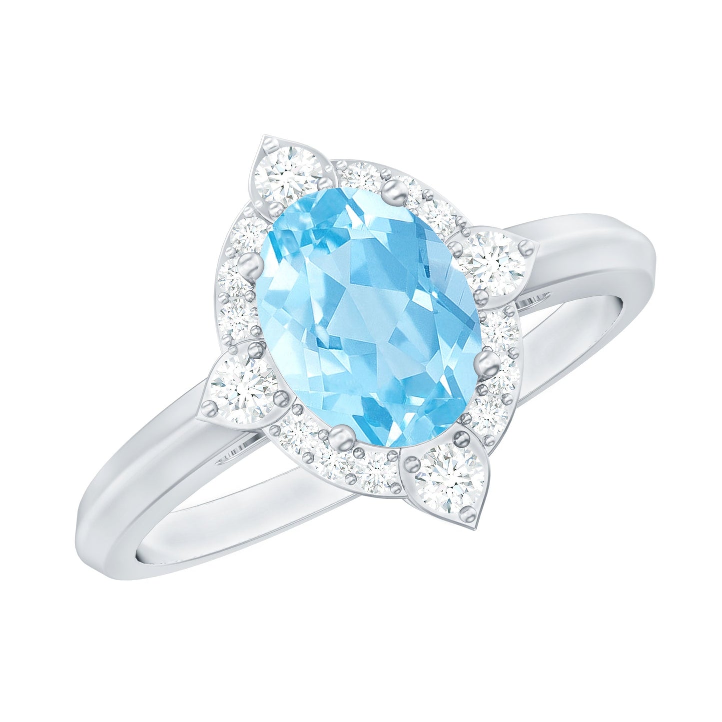 1 Carat Oval Engagement Ring with Real Aquamarine and Diamond