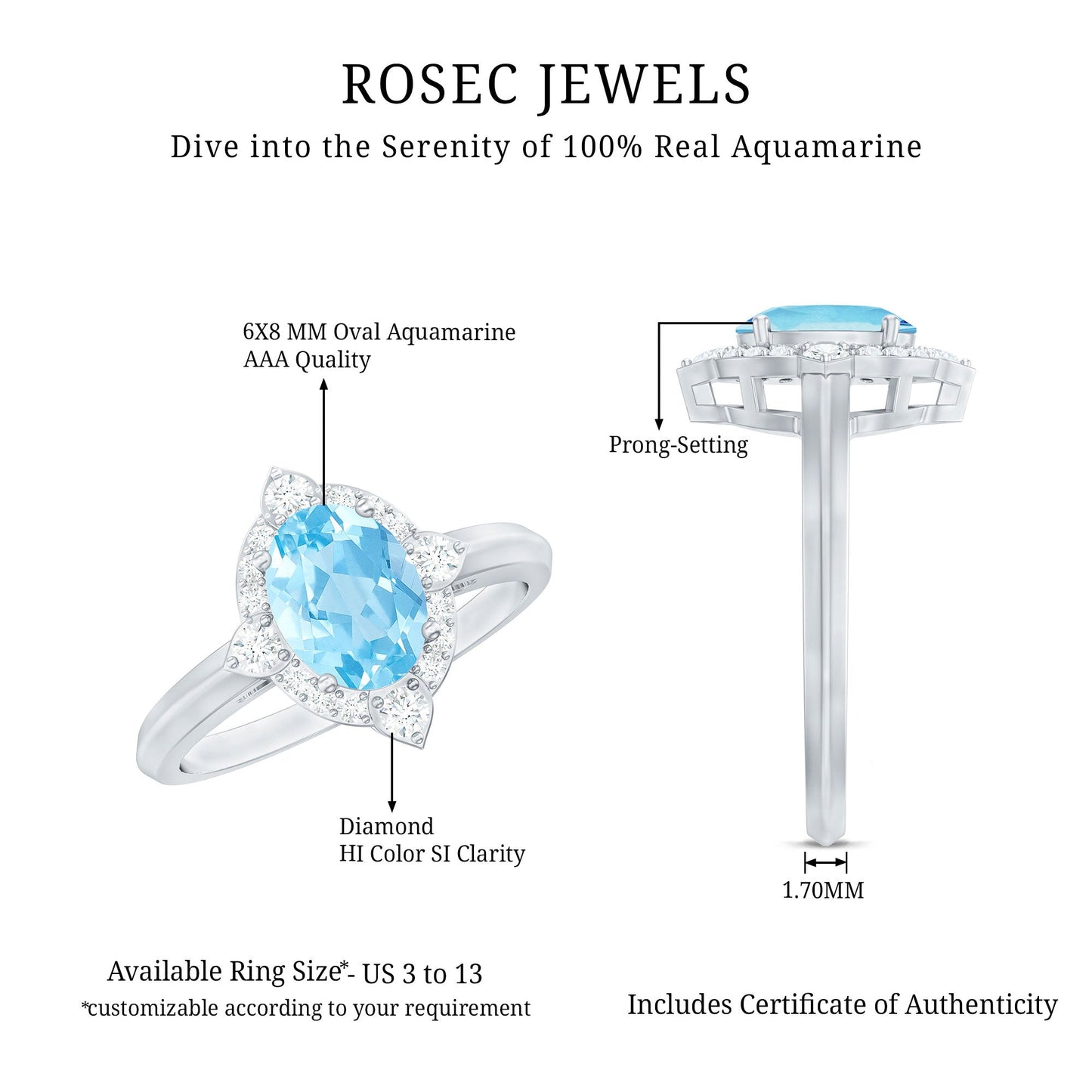 1 Carat Oval Engagement Ring with Real Aquamarine and Diamond