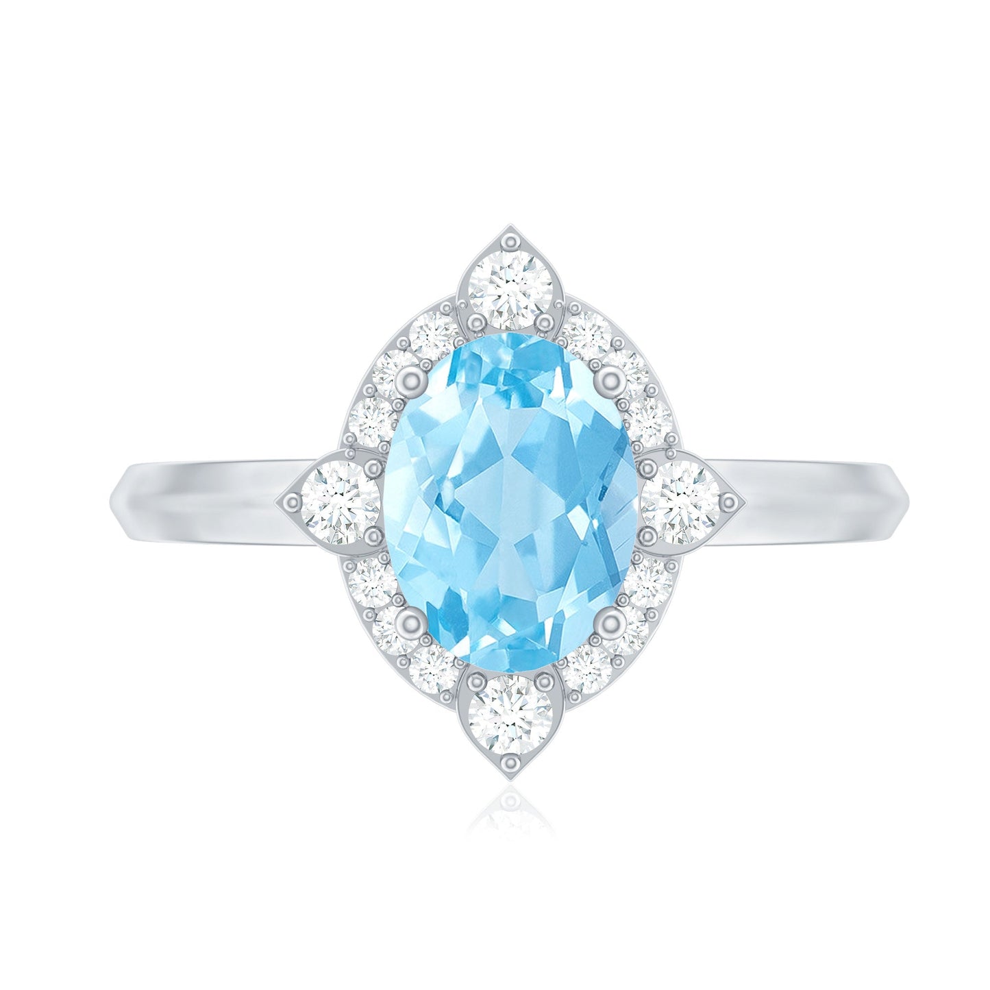1 Carat Oval Engagement Ring with Real Aquamarine and Diamond