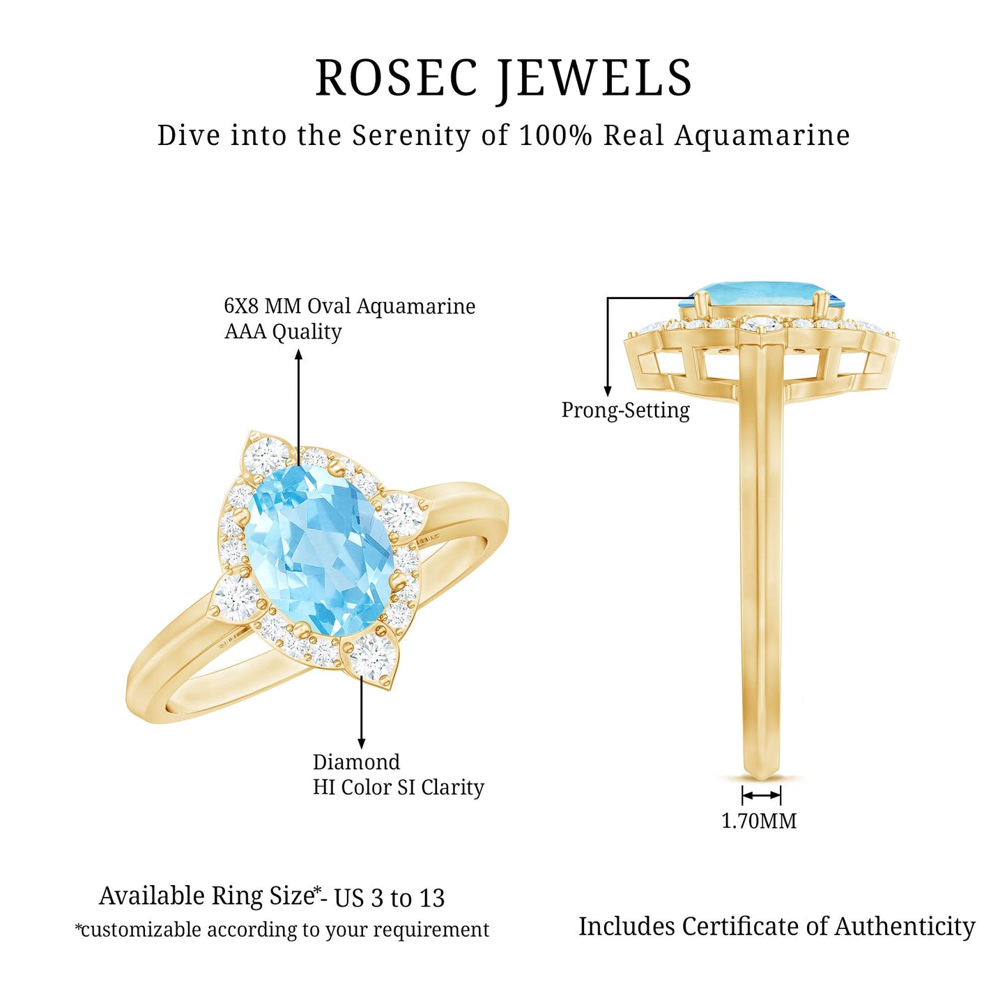 1 Carat Oval Engagement Ring with Real Aquamarine and Diamond