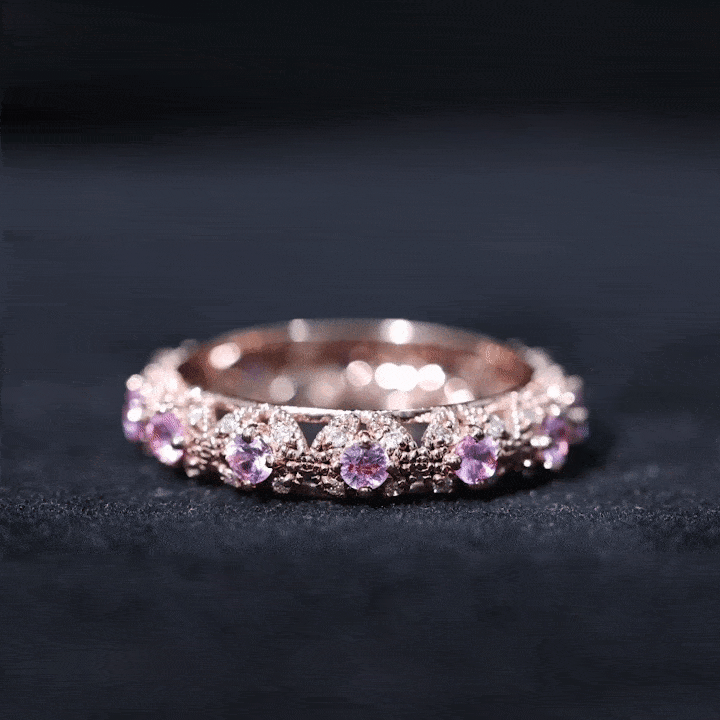 Vintage Inspired Lab Grown Pink Sapphire and Diamond Wedding Band