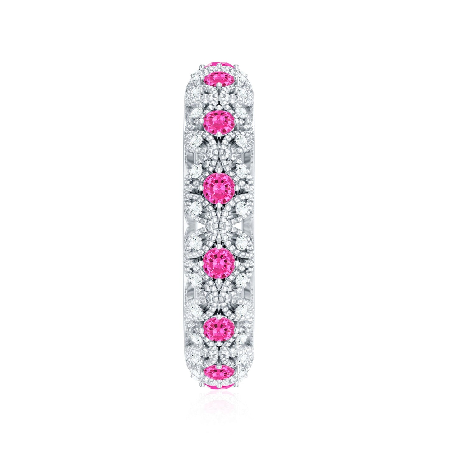 Vintage Inspired Lab Grown Pink Sapphire and Diamond Wedding Band