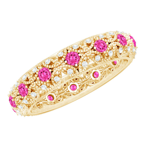Vintage Inspired Lab Grown Pink Sapphire and Diamond Wedding Band