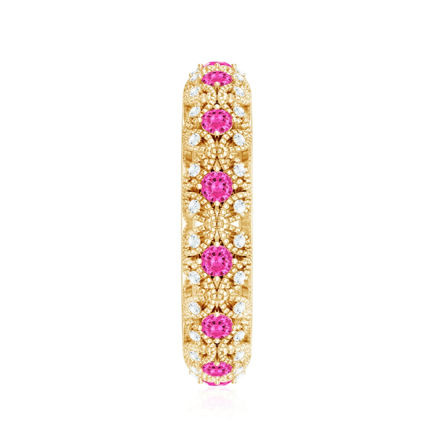 Vintage Inspired Lab Grown Pink Sapphire and Diamond Wedding Band
